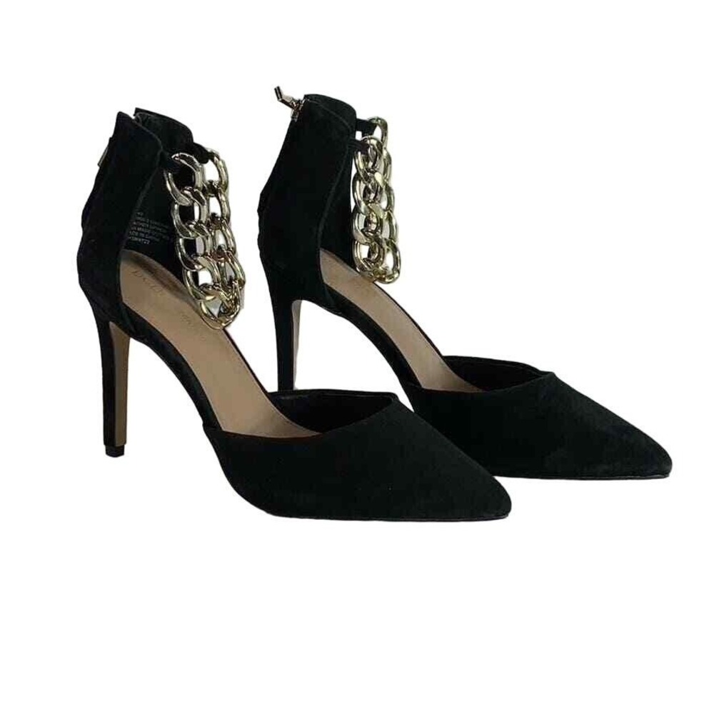 BCBGeneration Womens 8 Black Suede Chain Ankle Strap Pointed Toe Stiletto Heels